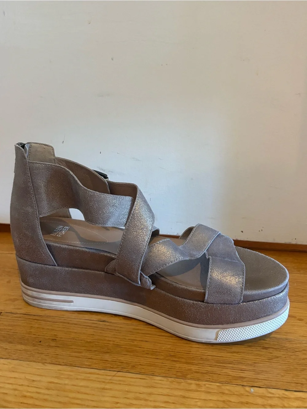 Eileen Fisher Metallic Silver Crisscross Wedge Sandals